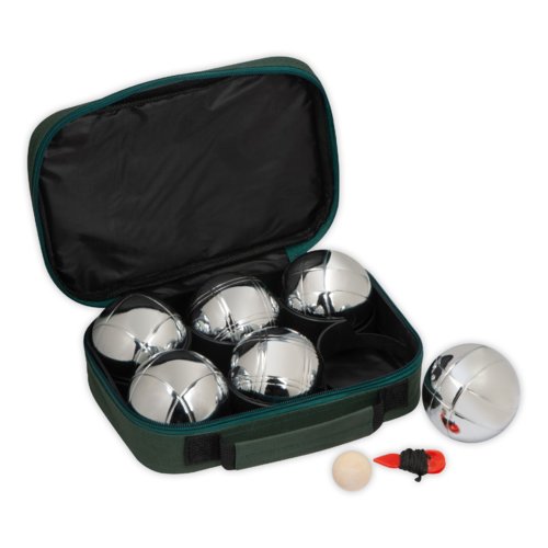 Silberfarbenes Boule-Set mit Tasche, Zielkugel und Entfernungsmesser.
