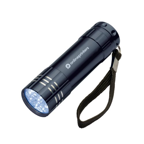 Schwarze Metall-LED-Lampe mit Handschlaufe.