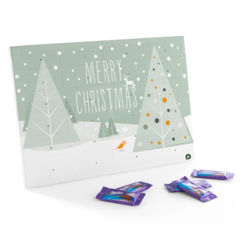 Tisch-Adventskalender aus Karton mit nummerierten Trchen.