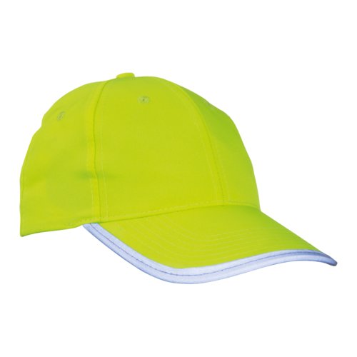 Neongelbe Baseballkappe aus Stoff mit verstellbarem Riemen.