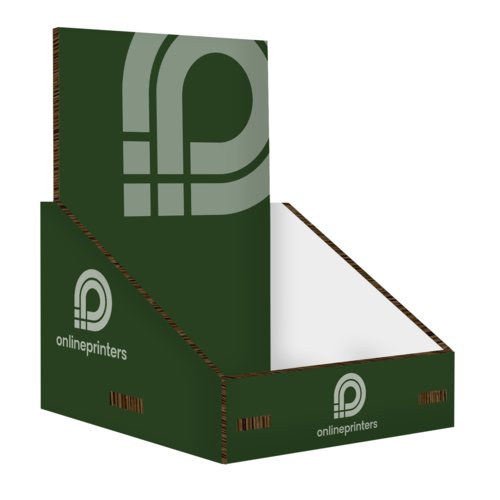 Grnes Produktdisplay aus Karton fr die Theke.
