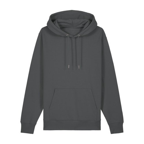 Anthrazitfarbener Hoodie aus Bio-Baumwolle mit Kapuze und Kngurutasche.