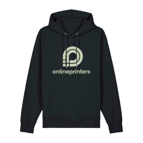 Dunkler Stoff-Hoodie mit Kapuze und Kordelzug, Unisex-Schnitt.