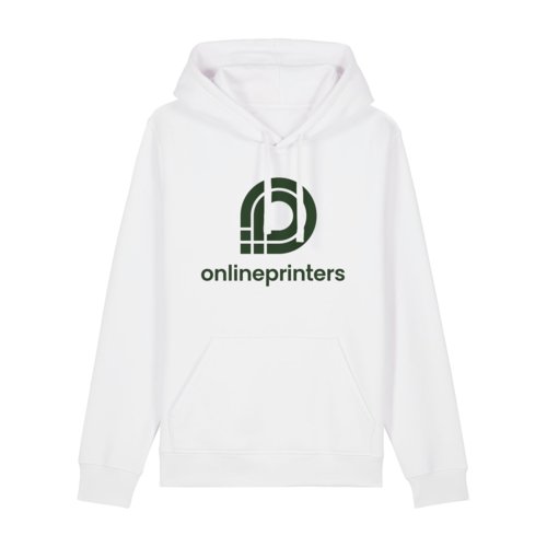 Weier Stoff-Hoodie mit Kapuze und Kngurutasche. Unisex-Schnitt.