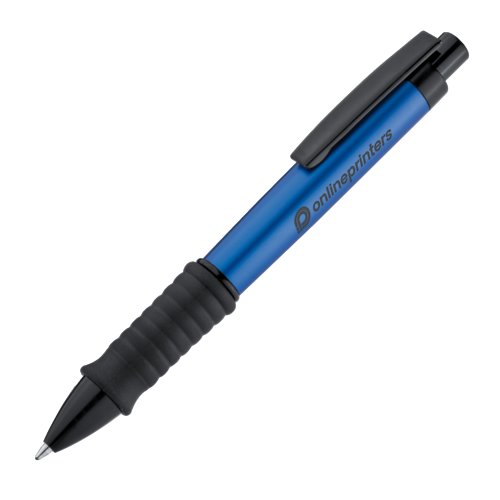 Blauer Kunststoff-Kugelschreiber mit Clip und gummierter Griffzone.