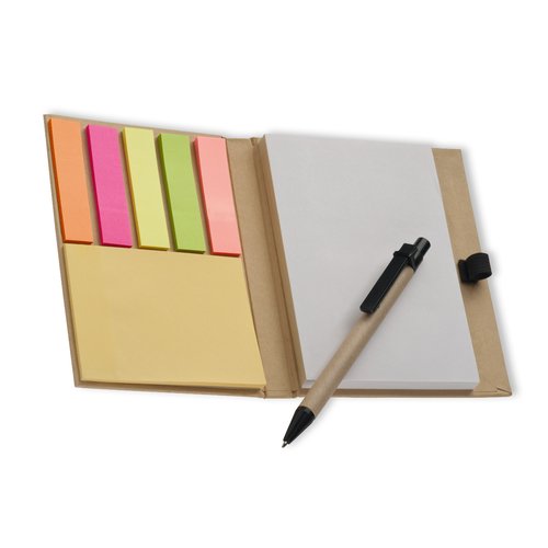 Brauner Notizblock mit Haftnotizen und Stifthalter.