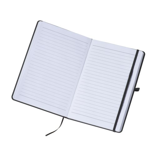 Schwarzes Notizbuch mit Gummiband und Lesezeichen.