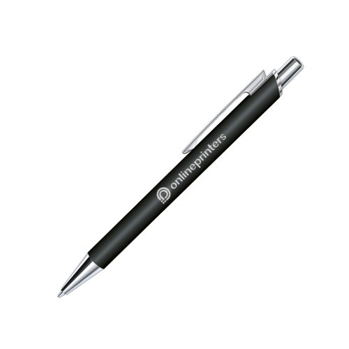 Schwarzer Kugelschreiber mit Druckmechanik und Soft-Touch-Oberfläche.