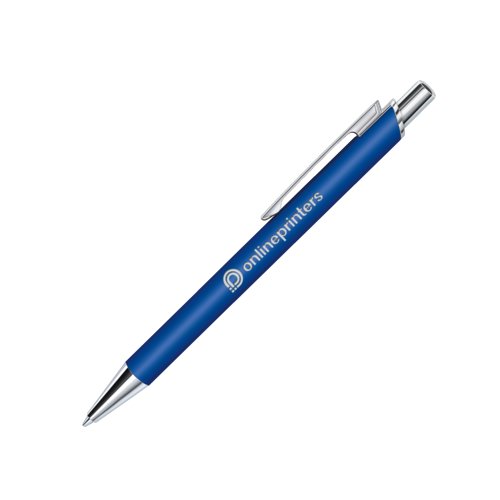 Dunkelblauer Kugelschreiber mit Druckmechanik und Soft-Touch-Oberfläche.