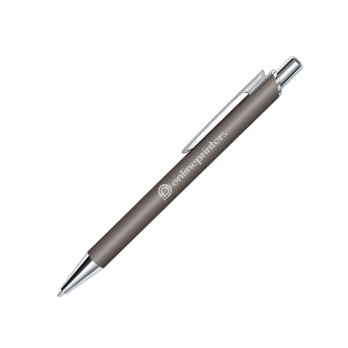 Grauer Kugelschreiber aus Kunststoff mit Soft-Touch-Oberfläche und Clip.