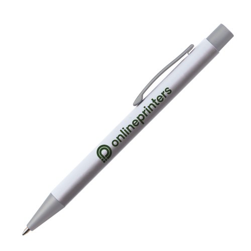 Weier Kunststoff-Kugelschreiber mit Clip und Druckmechanismus.