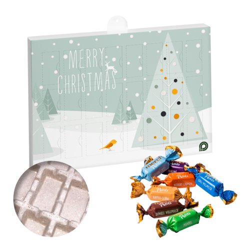Weißer Adventskalender aus Karton mit 24 Fächern.