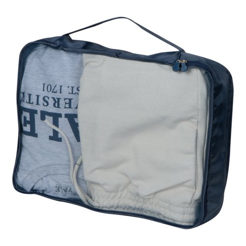 Dunkelblaues Textil Travelset, 4-teilig, mit Reißverschluss und Tragegriff.