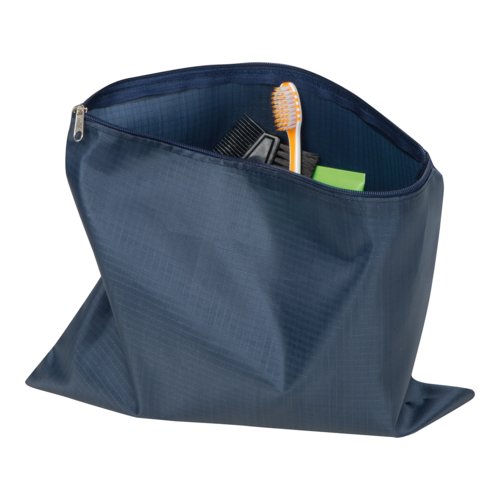 Dunkelblaues Travelset mit Reißverschluss. Enthält vier Teile.