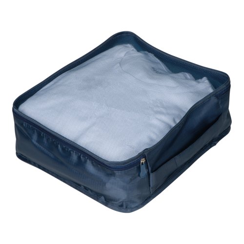 Dunkelblaues Textil Travelset, 4-teilig mit Reißverschluss.