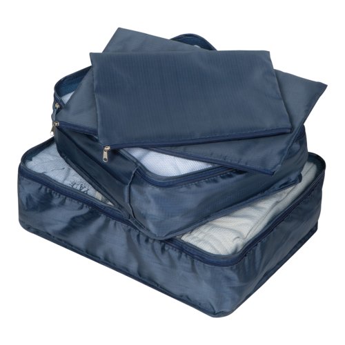 Dunkelblaues Textil Travelset, 4-teilig, mit Reißverschlüssen.