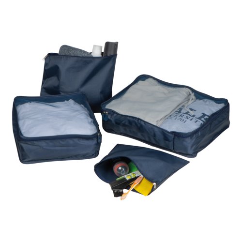Blaues Travelset aus Stoff, 4-teilig mit Reißverschluss.