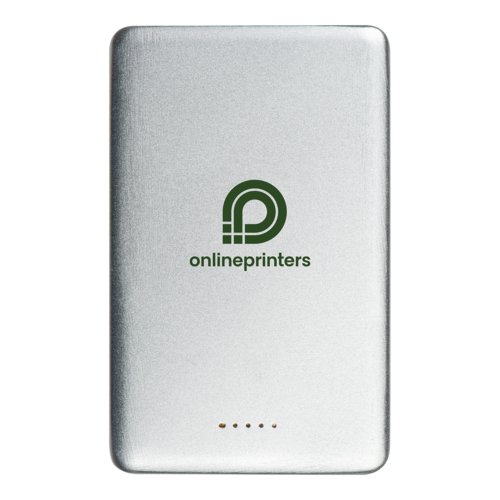 Silberne Powerbank mit USB-Anschluss zum Aufladen von Geräten.