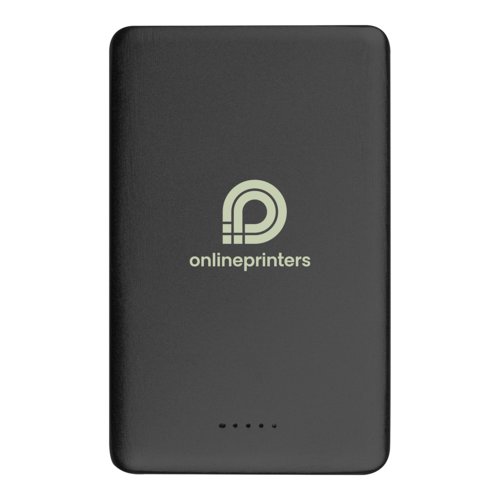 Schwarze Powerbank mit 5.000 mAh Kapazität.