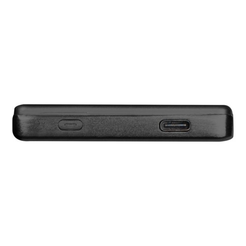 Schwarze Powerbank mit USB-Anschlüssen.