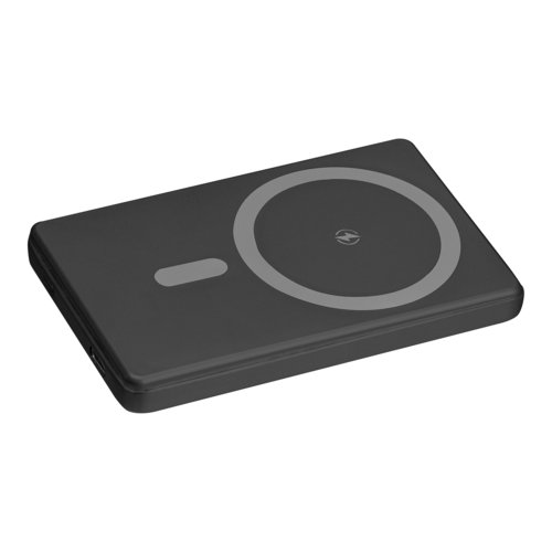 Schwarze Powerbank mit 5.000 mAh Kapazität.