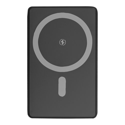 Schwarze Powerbank mit 5.000 mAh Kapazität.