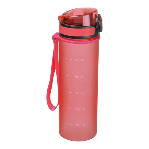 Pinke Tritan Trinkflasche mit Trageschlaufe und Schraubverschluss.