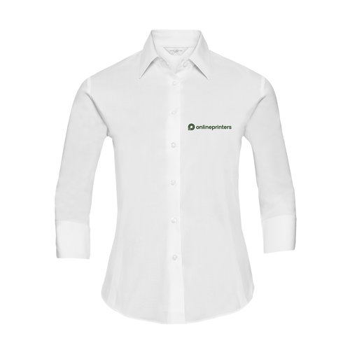 Weisse Baumwollbluse fr Damen mit Knopfleiste und 3/4 rmeln.