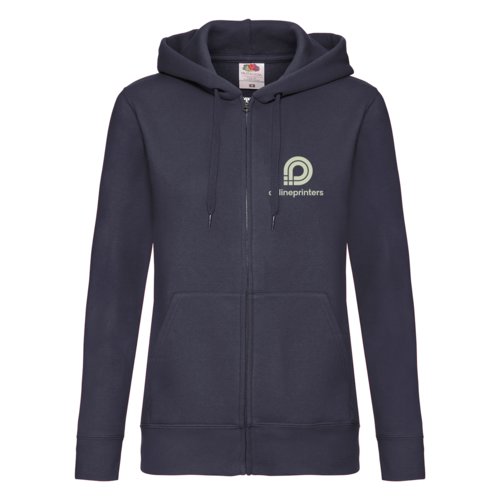 Dunkelblaue Damen-Kapuzenjacke mit durchgehendem Reiverschluss.