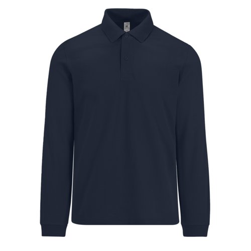 Marineblaues Baumwoll-Poloshirt mit langen Ärmeln und Knopfleiste.