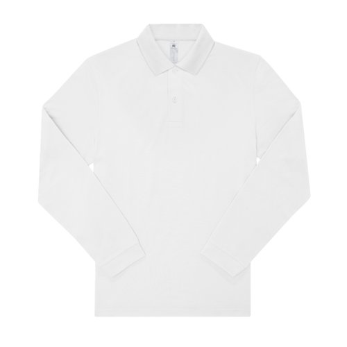 Weisses Baumwoll-Poloshirt mit langen Ärmeln und Knopfleiste.