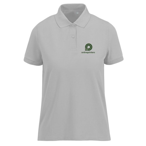 Graues Damen-Poloshirt aus atmungsaktivem Stoff mit kurzer Knopfleiste.