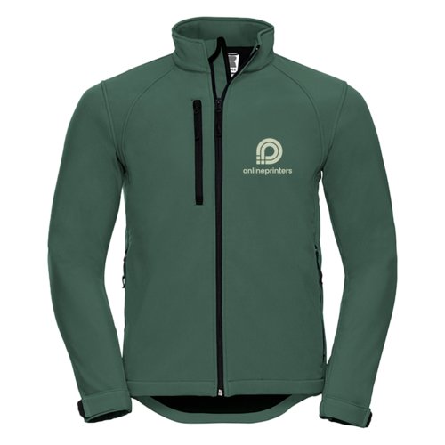 Grne Softshelljacke fr Herren mit durchgehendem Reiverschluss.