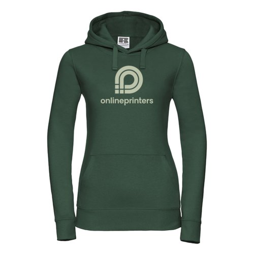 Grner Stoff-Hoodie fr Damen mit Kapuze und Kngurutasche.