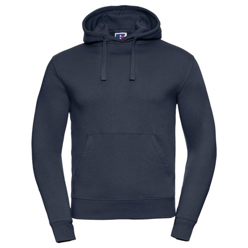 Marineblauer Baumwoll-Polyester-Hoodie mit Kapuze und Kängurutasche.