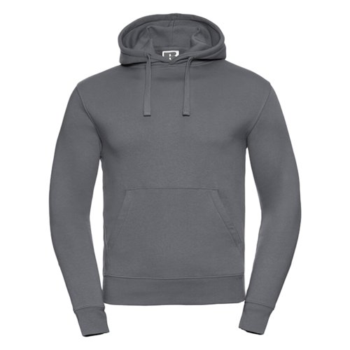 Dunkelgrauer Baumwoll-Polyester-Hoodie mit Kapuze und Kängurutasche.