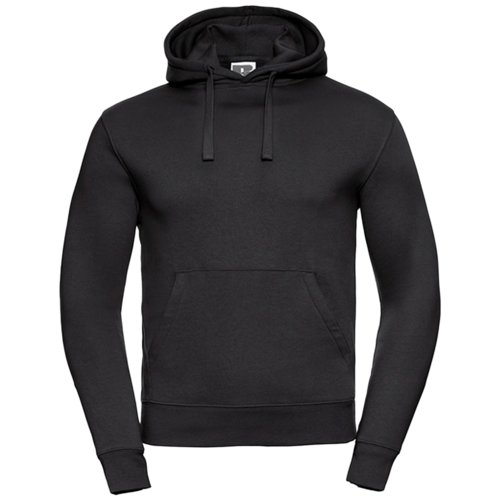 Schwarzer Baumwoll-Polyester-Hoodie für Herren mit Kapuze und Kängurutasche.