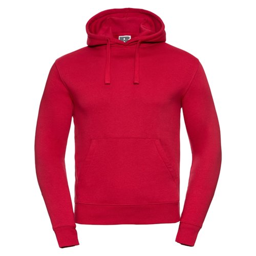 Roter Baumwoll-Polyester-Hoodie für Herren mit Kordelzug und Kängurutasche.