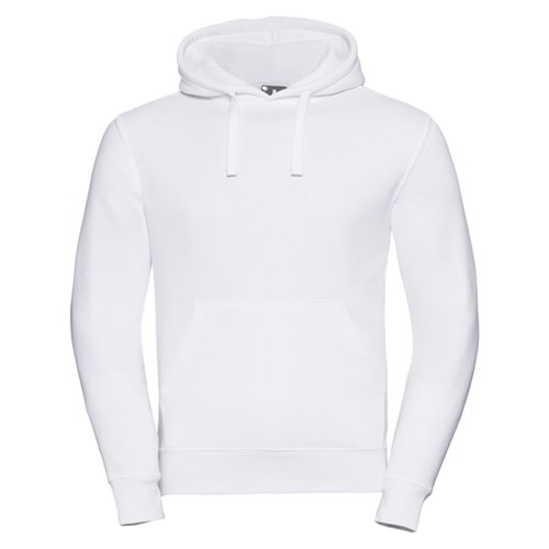 Weißer Baumwoll-Polyester-Hoodie mit Kapuze und Kängurutasche.