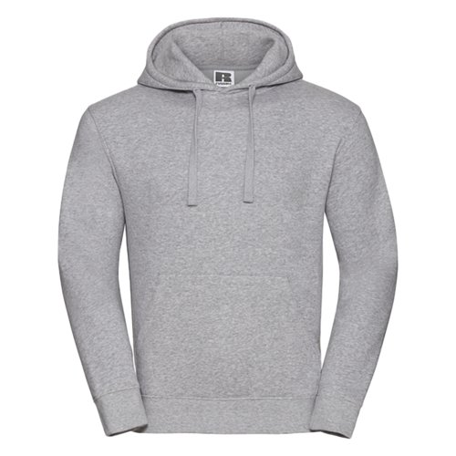Grauer Baumwoll-Polyester-Hoodie mit Kapuze und Kängurutasche.