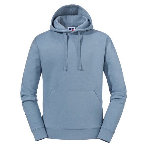 Hellblauer Baumwoll-Polyester-Hoodie mit Kapuze und Kängurutasche.