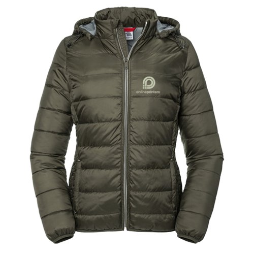 Grne Steppjacke fr Damen mit Kapuze und durchgehendem Reiverschluss.