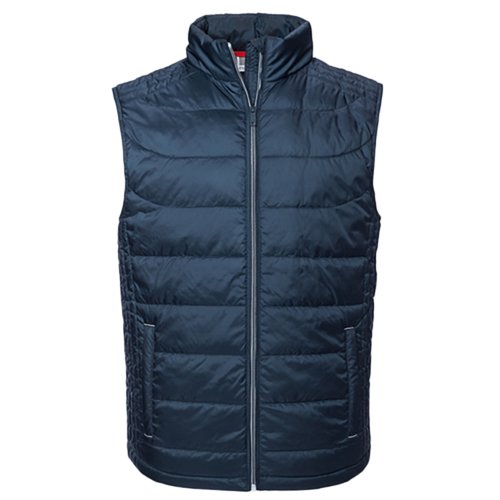 Marineblaue Steppweste aus Polyester mit durchgehendem Reißverschluss.