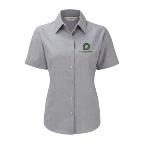 Graue Kurzarm-Bluse mit Knopfleiste fr Damen.