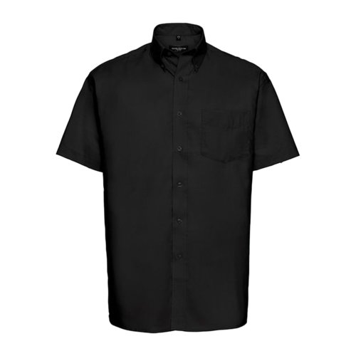 Schwarzes Baumwoll-Polyester Hemd mit kurzen Ärmeln und Brusttasche.