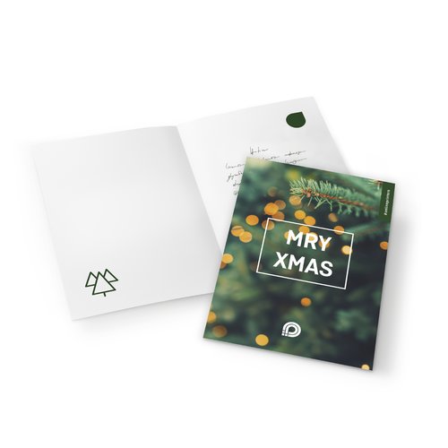 Weihnachtliche Klappkarte im Hochformat zum Beschriften.