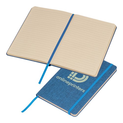 Blaues Notizbuch mit Gummibandverschluss und Leseband.