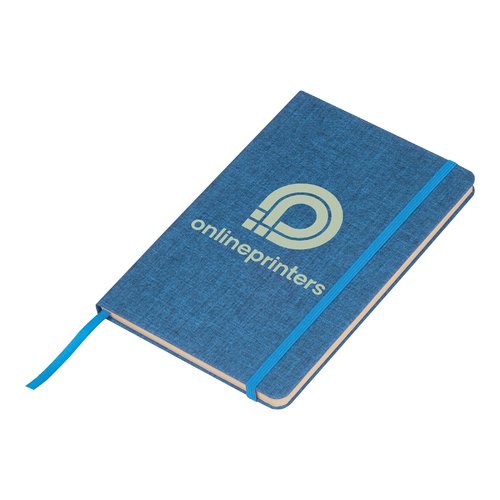Blaues Notizbuch mit Hardcover, Gummiband und Lesebändchen.
