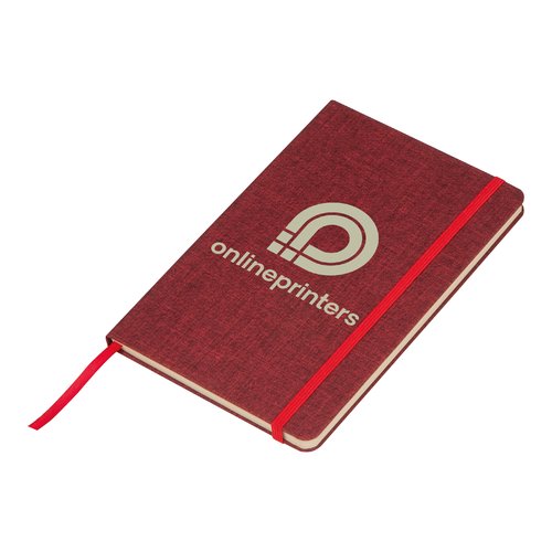 Rotes Notizbuch mit Gummiband und Lesebändchen.