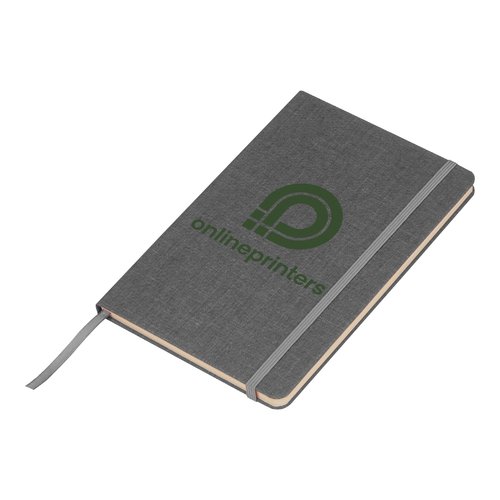 Silbergraues Notizbuch mit Gummibandverschluss und Lesebändchen.